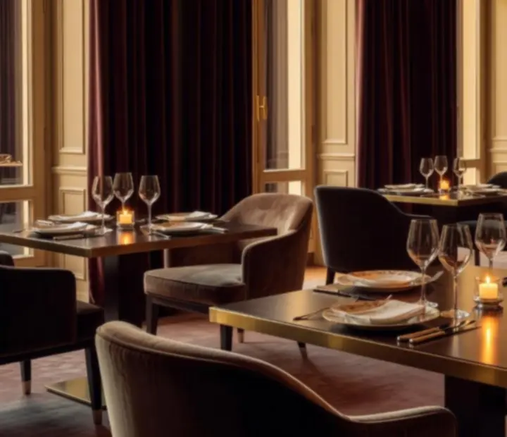 Elegáns fine dining belső tér gyertyafényes asztalokkal és luxus enteriőrrel