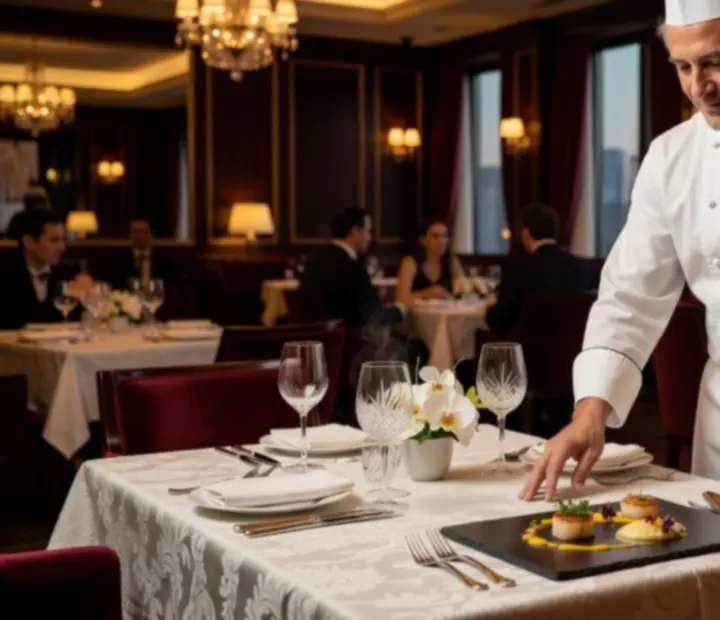 Konyhafőnök elegáns tálalással mutatja be signature fogását egy fine dining étteremben.