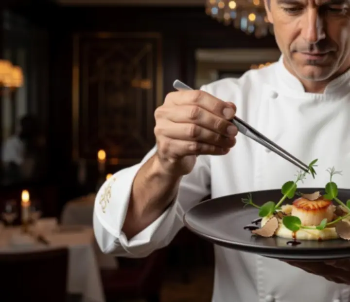 Séf elegáns degusztációs menüt prezentál fine dining tálalásban.