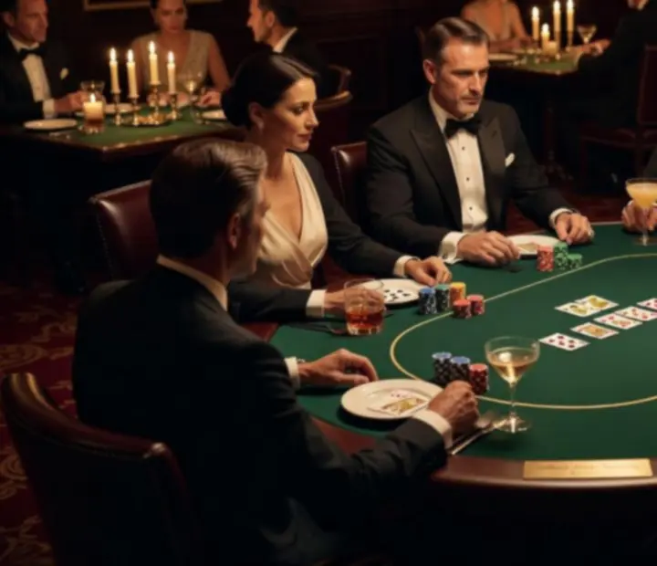 Elegáns offline poker este szimbolikus zsetonokkal, gyertyafényes éttermi környezetben