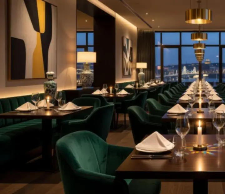 Elegáns, gyertyafényes budapesti fine dining étterem belső tere, prémium asztalterítéssel.