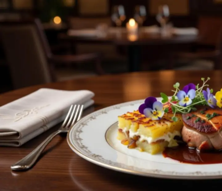 Kifinomult fine dining fogás művészi tálalással, elrendezve egy elegáns tányéron.