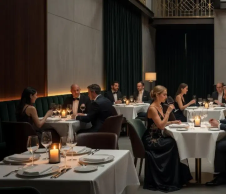 Elegáns fine dining étterem gyertyafényes asztalokkal és gondosan megterített luxus környezettel