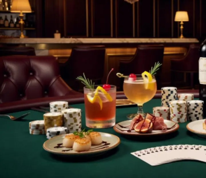 Gourmet falatok és signature koktélok elegáns tálalásban egy gyertyafényes asztalon.
