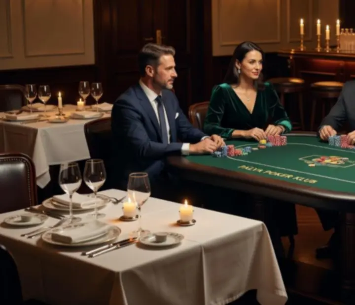 Cinematikus esti jelenet fine dining étteremben, elegáns offline poker asztallal.