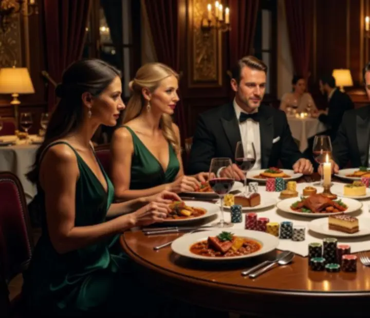 Candlelit fine dining étterem, előtérben pokerasztallal és elegáns vendégekkel egy exkluzív estén.