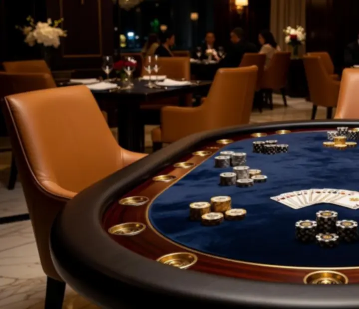 Designer pokerasztalok prémium kártyákkal és szimbolikus zsetonokkal egy elegáns étteremben.