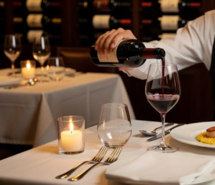 Sommelier által felszolgált borpárosítás elegáns kristálypoharakban